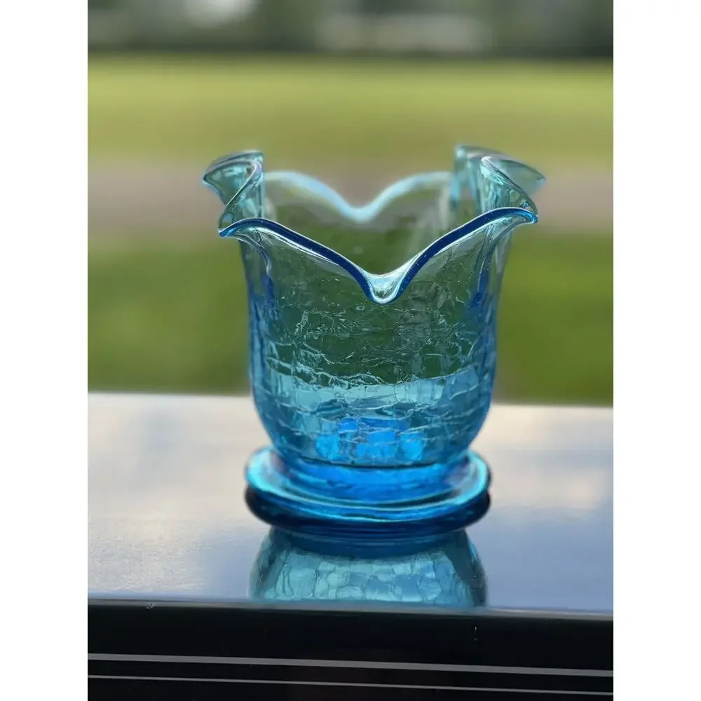 Vintage Bischoff Crackle‎ Ruffled Blown Glass Bowl Vase Blue MCM 5.5